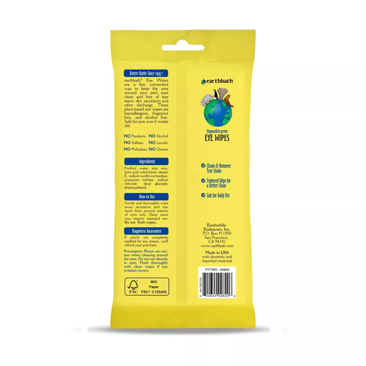 Earthbath- Hypoallergenic Eye Wipes Witch Hazel & Aloe 30CT