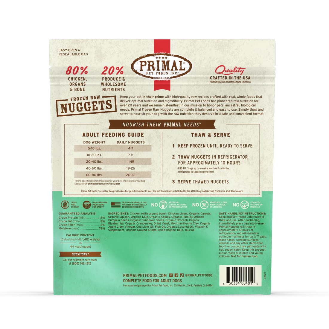 Primal - Dog Frozen Nuggets Chicken Recipe 3lb Bag