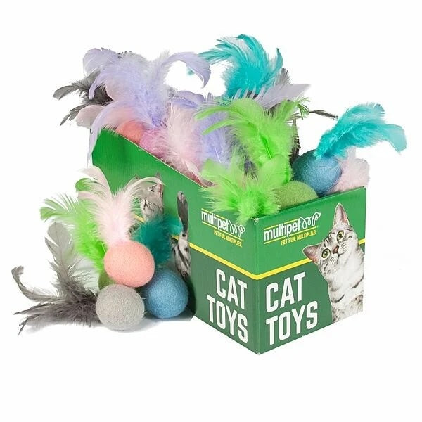 Multipet Felt Ball w/ Feathers Cat Toys Assorted Colors- Single