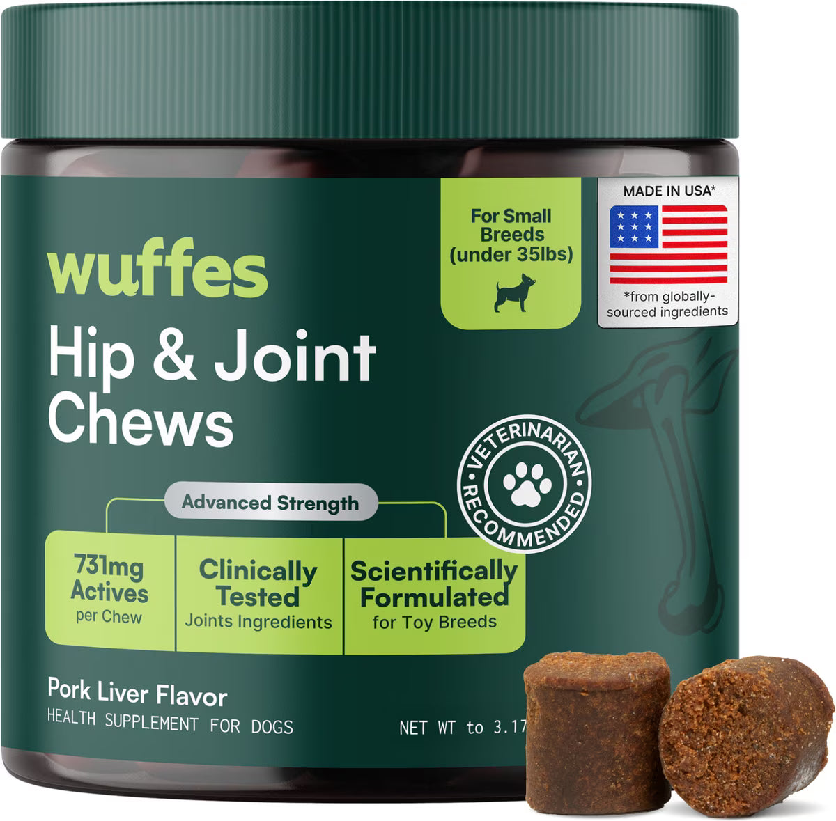 Wuffes Hip & Joint Chews- Small & Medium Breeds Under 65lbs (50 Chews)