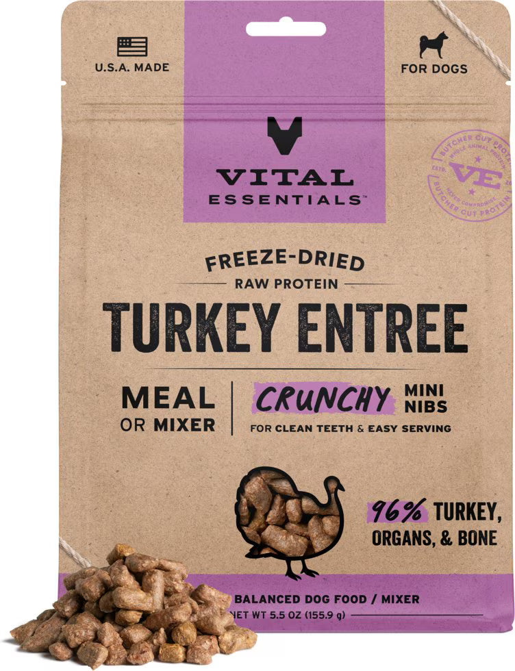 Vital Essentials Freeze-Dried Raw Turkey Entree Dog Food Crunchy Mini Nibs, 5.5-oz bag