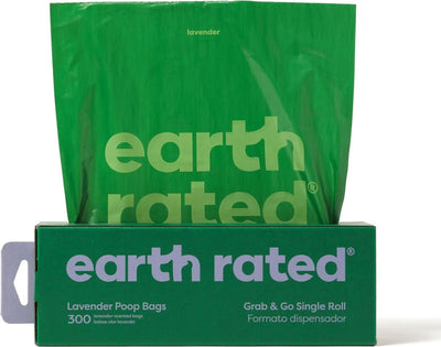 Earth Rated- Dog Poop Bags, Grab & Go Single Roll, Lavender Scented, 300 Bags