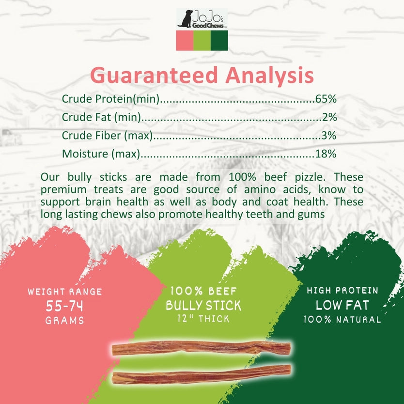 Natural Beef Bully Stick Dog Treats - 12" Thick